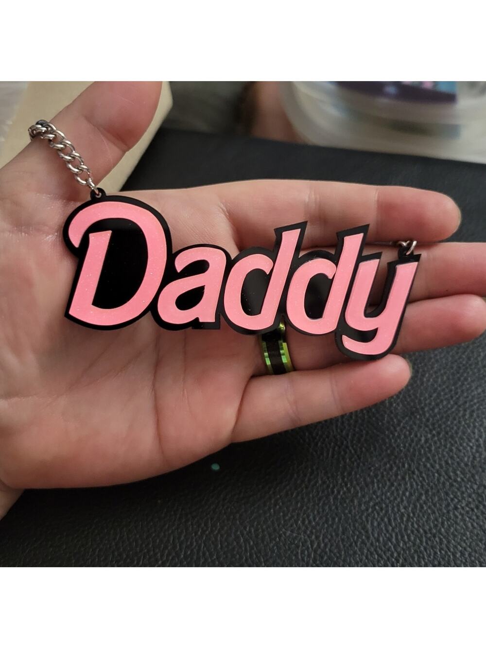 "Daddy" oversized pink and silver tone slightky glittery barbiecore necklace